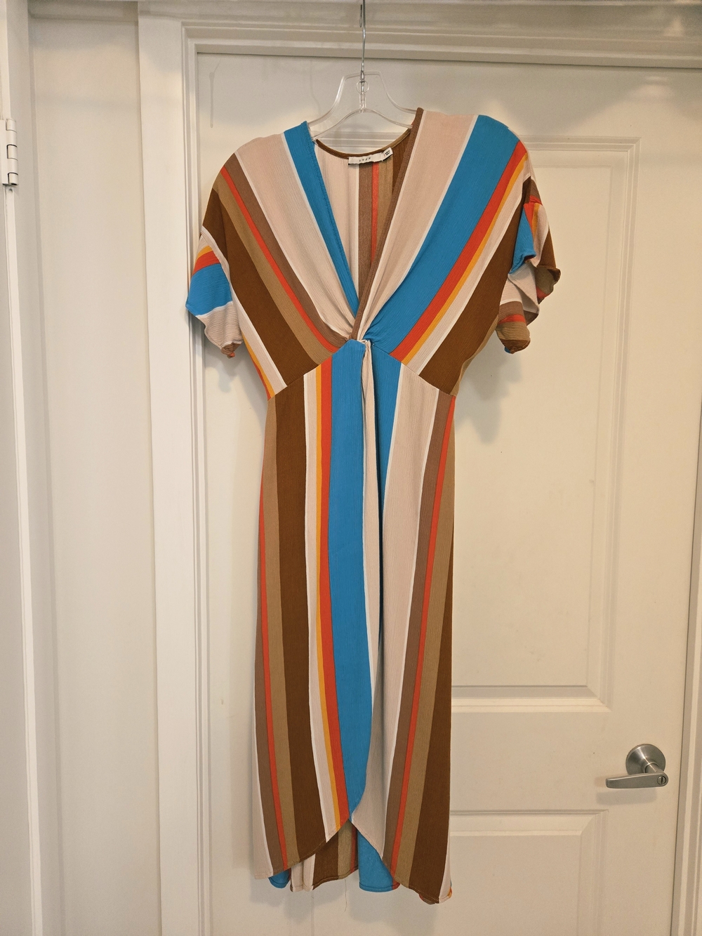 L U S H  Turquoise, Brown & Cream Striped Knot-Front Midi Dress US S